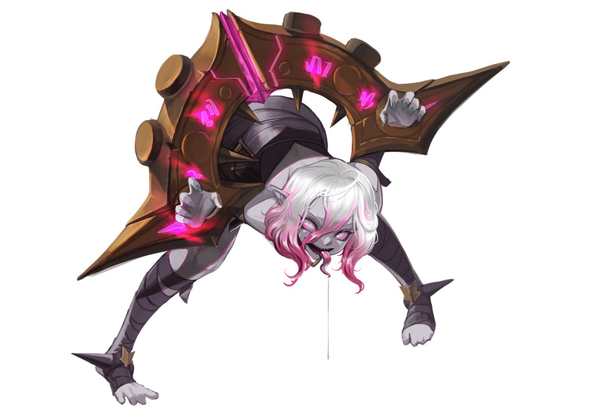 1girl absurdres ahoge bent_over blue_nails briar_(league_of_legends) colored_sclera colored_skin commentary fingernails full_body gradient_hair grey_hair grey_skin hair_between_eyes highres league_of_legends multicolored_hair no_pupils no_shoes open_mouth pink_hair pointy_ears red_sclera saliva sharp_fingernails sharp_teeth sidelocks simple_background solo standing stirrup_legwear streaked_hair teeth toeless_legwear toes tongue tongue_out two-tone_hair vampire white_background white_eyes wrist_cuffs yuudokou_shounen
