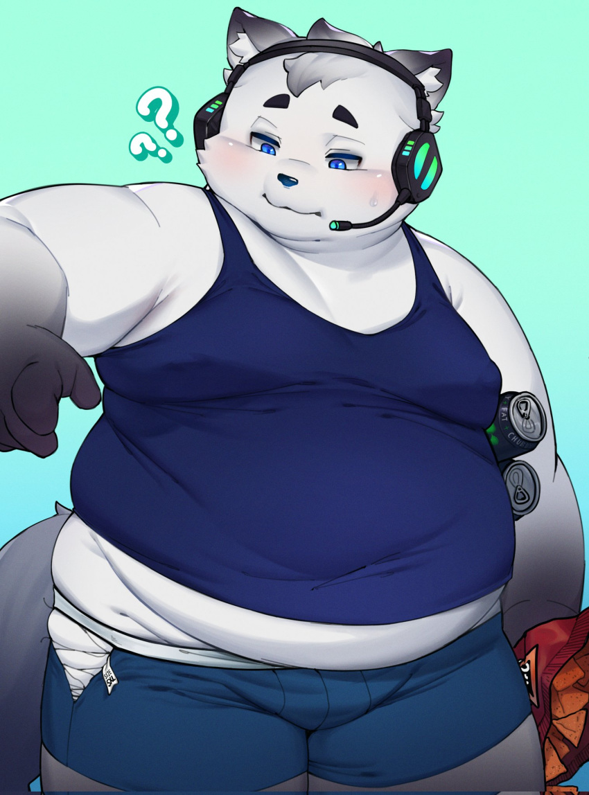 anthro blush bodily_fluids chips_(food) clothing crotch_lines food headgear headphones headset hi_res humanoid_hands male mammal monster_energy overweight overweight_anthro overweight_male partially_exposed_belly question_mark shirt simple_background solo sweat tail tearing_underwear tober_4 topwear undershirt underwear