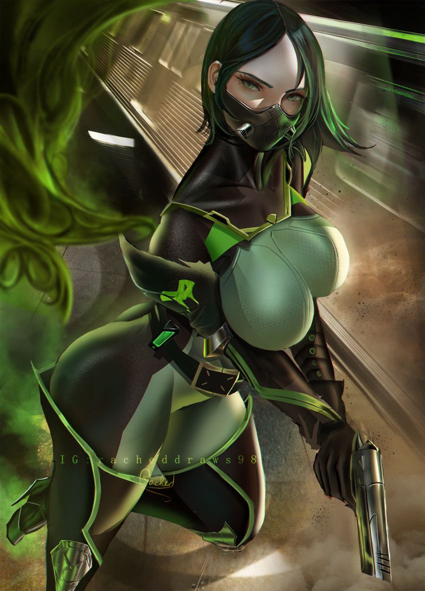 1girl belt black_belt black_hair bodysuit breasts green_eyes green_smoke gun handgun high_heels highres holding holding_gun holding_weapon instagram_username large_breasts long_eyelashes mask mouth_mask rached signature solo train two-tone_bodysuit valorant viper_(valorant) weapon