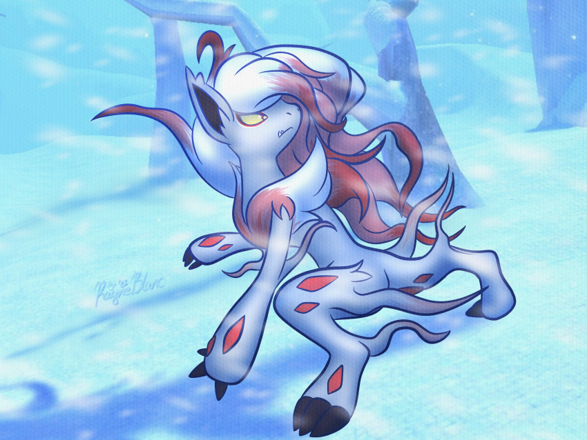 feral generation_5_pokemon hi_res hisuian_form hisuian_zoroark looking_back nintendo pokemon pokemon_(species) regional_form_(pokemon) snow zoroark