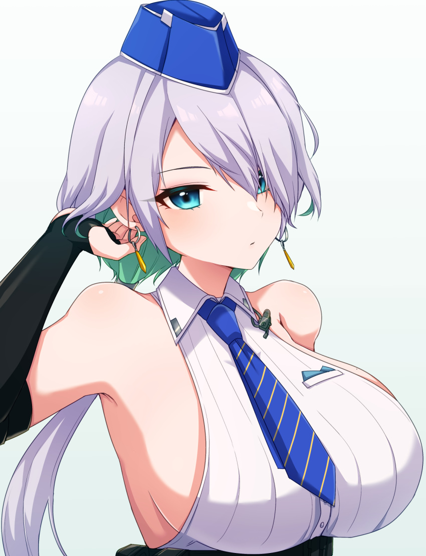 1girl bare_shoulders belt_pouch blue_eyes blue_headwear blue_necktie blue_skirt breasts brid_(nikke) bridal_gauntlets chiji_komari collared_shirt dangle_earrings earrings garrison_cap goddess_of_victory:_nikke grey_hair hair_over_one_eye hat high-waist_skirt highres huge_breasts jewelry long_hair looking_at_viewer necktie pouch shirt sideboob skirt sleeveless solo striped_necktie white_background