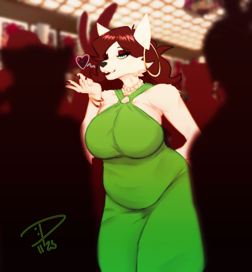anthro banquet bedroom blowing_kiss canid canine clothing crowd dress ear_piercing ear_ring eyes female group hi_res jewelry makeup mammal peabert_jaybert piercing ring_piercing solo susan_(peabert_jaybert)