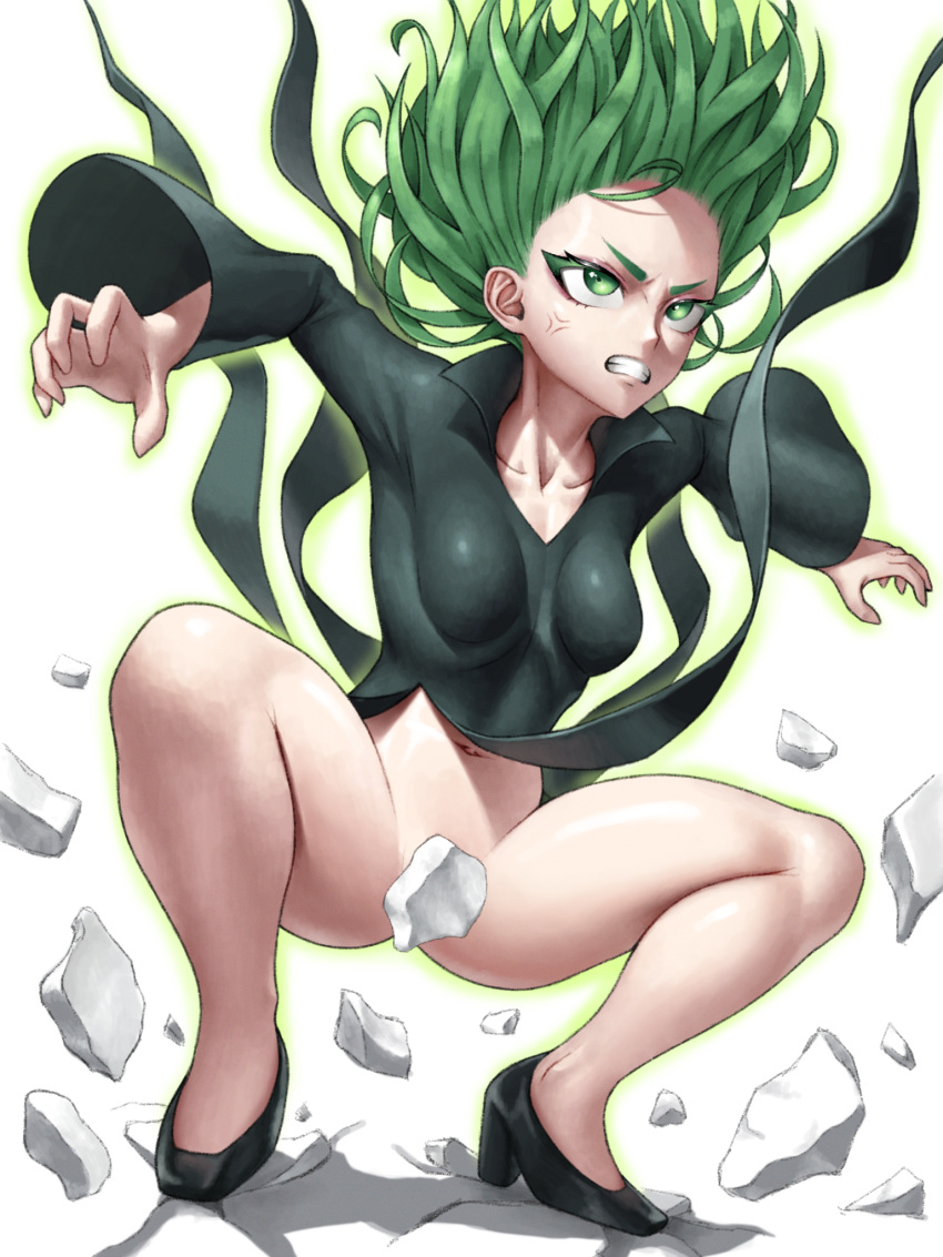 1girl anger_vein angry arms_up aura black_dress clenched_teeth convenient_censoring curly_hair debris destruction dress fighting_stance glowing green_eyes grey_hair high_heels highres long_sleeves navel no_panties one-punch_man short_hair side_slit simple_background skylock solo squatting tatsumaki teeth white_background