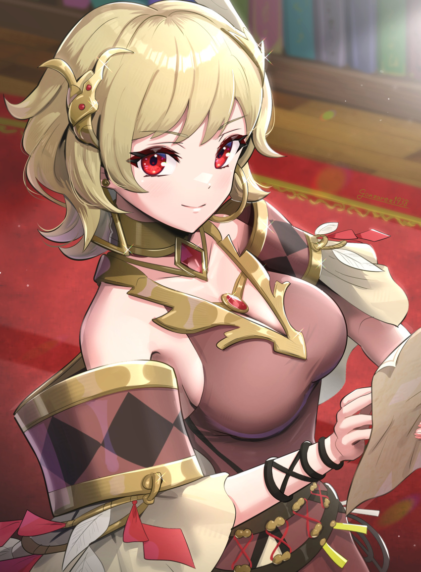 1girl bare_shoulders blonde_hair book breasts citrinne_(fire_emblem) earrings fire_emblem fire_emblem_engage gonzarez hair_ornament hairclip highres holding holding_book hoop_earrings indoors jewelry library looking_at_viewer medium_breasts red_eyes