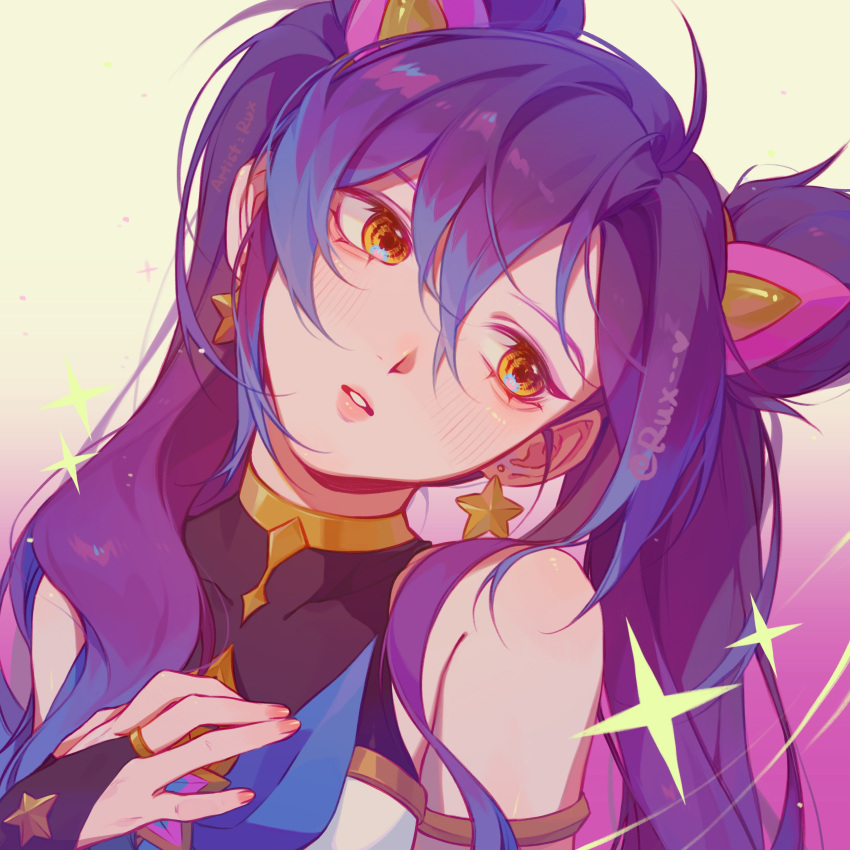 1girl absurdres artist_name bare_shoulders blush double_bun earrings gradient_background hair_between_eyes hair_bun hand_on_own_chest highres jewelry jinx_(league_of_legends) league_of_legends looking_to_the_side parted_lips portrait purple_hair ruan_chen_yue solo sparkle star_guardian_(league_of_legends) star_guardian_jinx twintails yellow_eyes