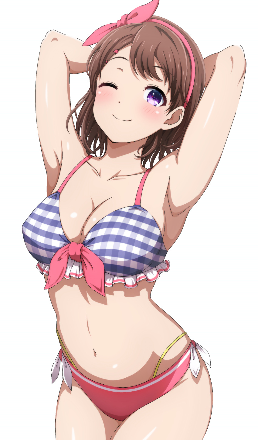 1girl absurdres anime_coloring armpits arms_behind_head bang_dream! bikini breasts brown_hair commentary_request cowboy_shot frilled_bikini frills hairband highres large_breasts mismatched_bikini noshimurin one_eye_closed purple_eyes red_hairband revision short_hair side-tie_bikini_bottom simple_background smile solo standing swimsuit toyama_kasumi white_background