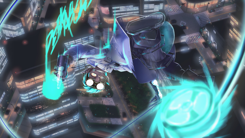 1boy aqua_hair arknights bandaid bandaid_on_face bandaid_on_nose black_gloves black_pants chameleon_tail city coat crudefish dark_skin ethan_(arknights) falling from_above gloves goggles goggles_on_head graffiti highres invisible_man male_focus mismatched_pupils oversized_zipper pants pointy_ears rubber_gloves short_hair solo spray_paint tail very_dark_skin white_coat yo-yo