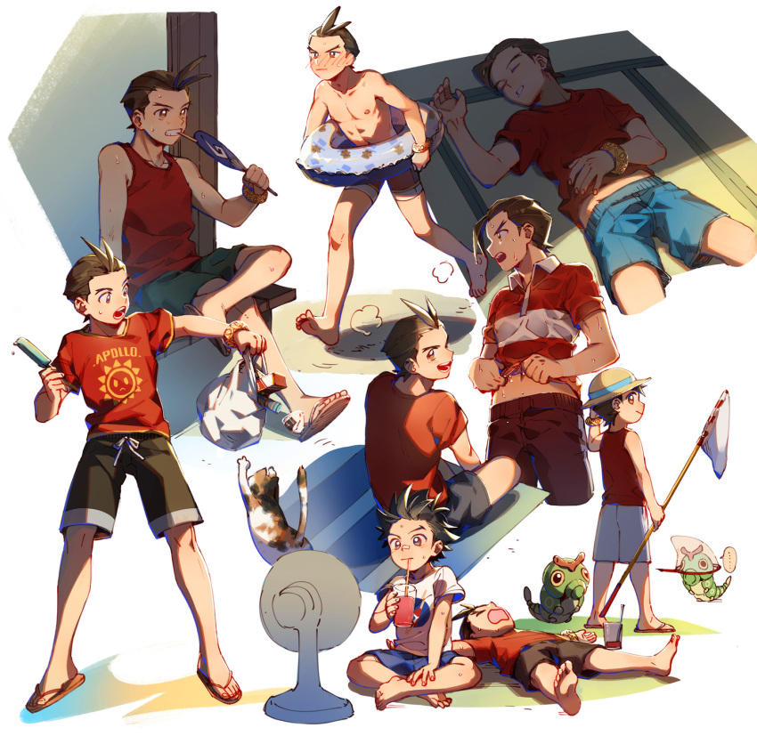 2boys :d ace_attorney aged_down animal antenna_hair apollo_justice arm_up bag bandaid bandaid_on_face bandaid_on_nose barefoot black_hair black_shorts blue_innertube blue_shorts blush bracelet brown_eyes brown_hair brown_shorts butterfly_net calico cat caterpie clay_terran clenched_teeth closed_eyes closed_mouth clothes_lift collared_shirt crossover cup drinking drinking_glass drinking_straw drooling electric_fan fanning_self fingernails flip-flops food from_behind front-tie_shorts green_shorts hand_fan hand_net hat headwear_request hi-fi_(fijazzy) highres holding holding_bag holding_food holding_popsicle hot indian_style jewelry lying male_focus midriff_peek mouth_hold multiple_boys multiple_views navel nipples nose_blush on_back open_mouth outstretched_arms paper_fan parted_lips pokemon polo_shirt popsicle print_shirt red_shirt red_tank_top sandals shirt shirt_lift short_hair short_sleeves shorts sitting sleeping sleeveless sleeveless_shirt smile spiked_hair standing sweat t-shirt tank_top tatami teeth teeth_hold topless_male uchiwa veranda white_shirt white_shorts