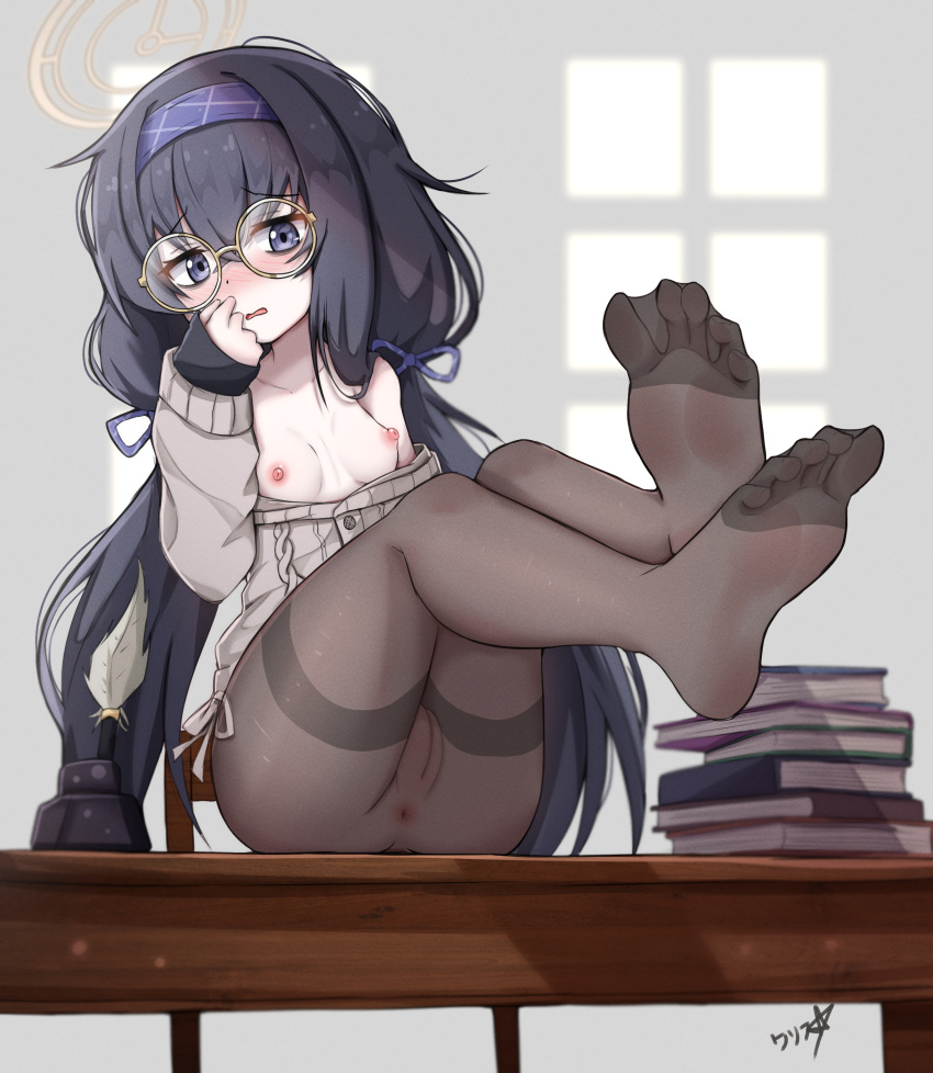 absurdres anus black_hair black_pantyhose blue_archive blue_eyes blue_hairband blue_ribbon blush book book_stack boppin breasts cardigan cleft_of_venus collarbone commentary desk feet foot_focus glasses grey_cardigan hair_ribbon hairband halo highres legs legs_up long_hair long_sleeves low_twintails nipples no_bra no_panties no_pants no_shoes nose_blush on_desk pantyhose parted_lips pussy ribbon round_eyewear see-through sitting sitting_on_desk sleeves_past_wrists small_breasts soles thighband_pantyhose toes twintails ui_(blue_archive) yellow_halo