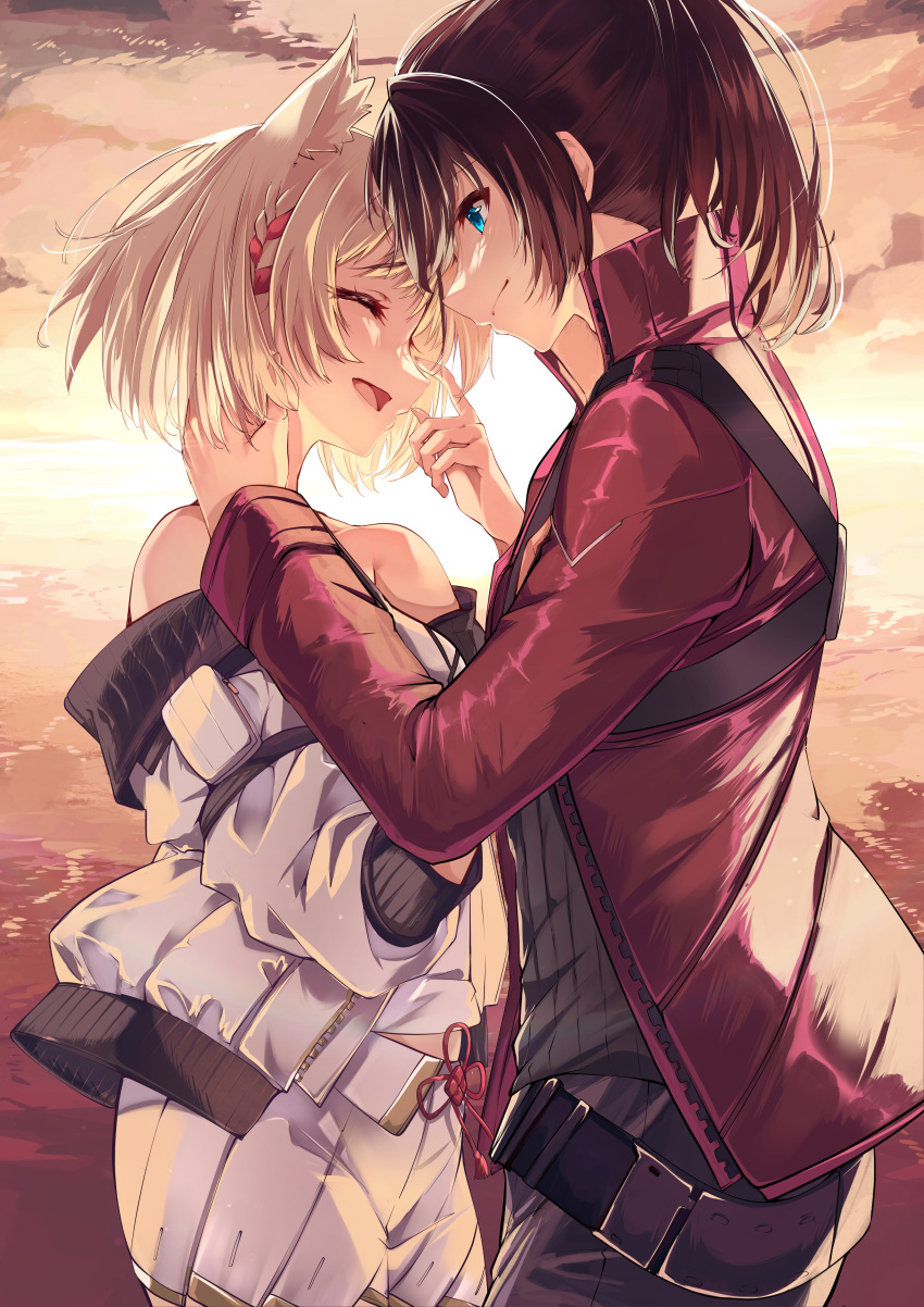 1boy 1girl absurdres animal_ears black_hair blue_eyes blush camisole cat_ears couple crying grey_hair highres hug long_hair long_sleeves mio_(xenoblade) noah_(xenoblade) open_mouth ponytail risumi_(taka-fallcherryblossom) scene_reference short_hair skirt smile tank_top white_camisole white_skirt white_tank_top xenoblade_chronicles_(series) xenoblade_chronicles_3