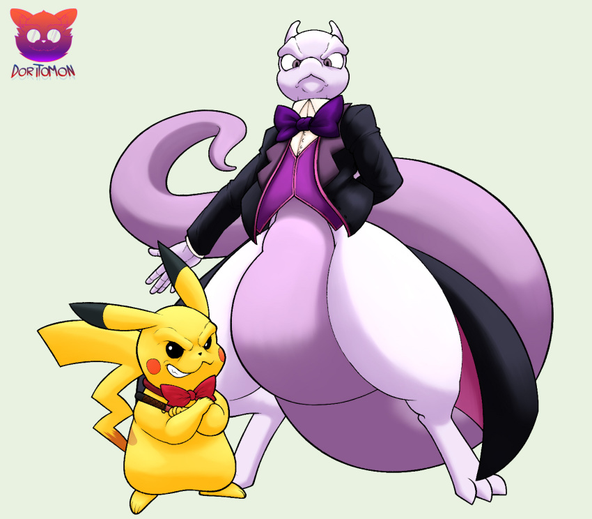 anthro bow_tie butler cigar clothing doritomon duo generation_1_pokemon hi_res legendary_pokemon looking_at_viewer male mewtwo nintendo pikachu pokemon pokemon_(species) suit topwear vest