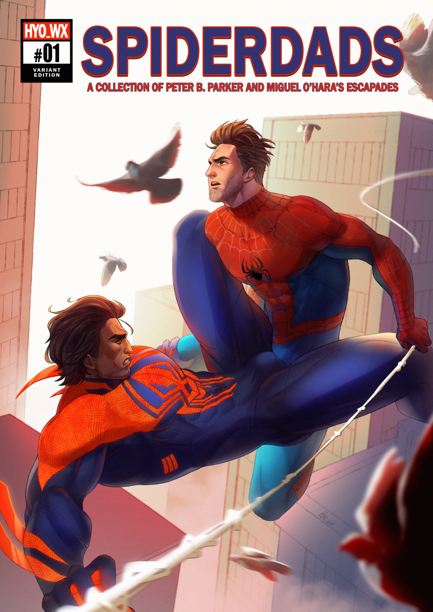 2boys absurdres arm_blade bara beard_stubble between_legs bird blue_bodysuit bodysuit brown_hair bulge bulge_press bulges_touching comic_cover covered_abs dark-skinned_male dark_skin dry_humping english_commentary english_text feet_out_of_frame frown hair_slicked_back highres humping hyo_wx large_pectorals legs_apart looking_at_bulge looking_up male_focus marvel mature_male midair miguel_o'hara multiple_boys muscular muscular_male outstretched_arms pectorals peter_b_parker pigeon print_bodysuit red_bodysuit short_hair sideburns spider-man spider-man:_across_the_spider-verse spider-man_(2099) spider-man_(series) spread_arms spread_legs thick_eyebrows toned toned_male two-tone_bodysuit v-shaped_eyebrows weapon yaoi