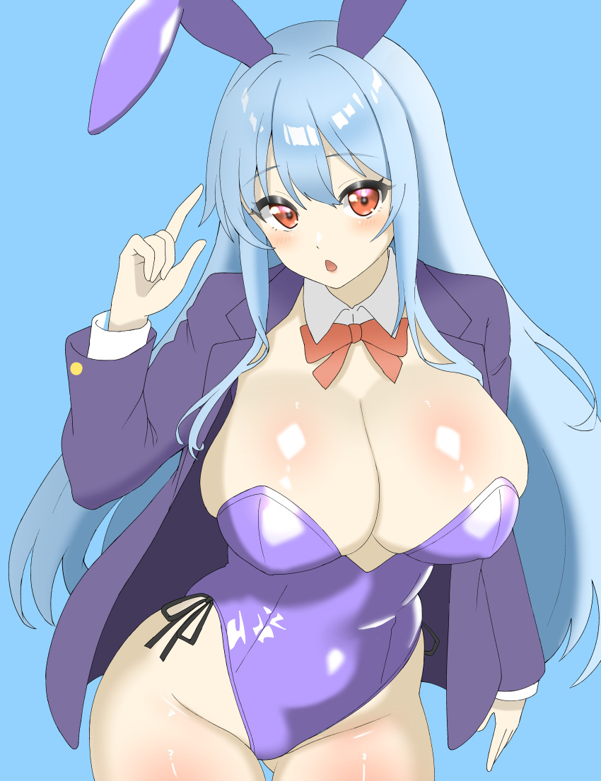 1girl absurdres animal_ears black_jacket blazer blue_background blue_hair blue_leotard bow bowtie breasts cleavage commentary cowboy_shot detached_sleeves groin highres huge_breasts jacket leotard long_hair long_sleeves looking_at_viewer one-hour_drawing_challenge open_clothes open_mouth open_shirt playboy_bunny rabbit_ears red_bow red_bowtie red_eyes reisen_udongein_inaba shirokumall simple_background solo touhou