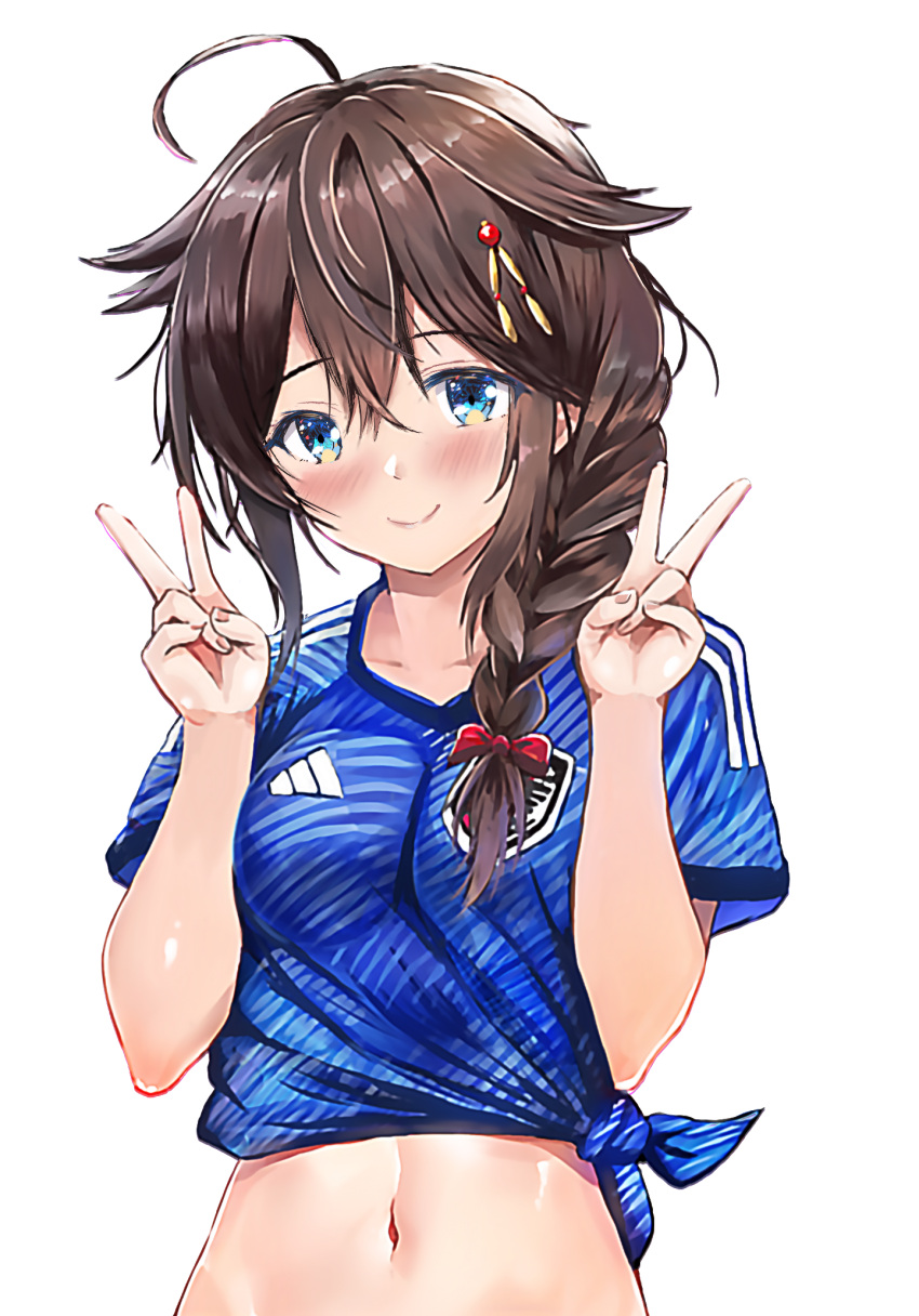 1girl 2022_fifa_world_cup ahoge blue_shirt blush bow braid breasts brown_hair closed_mouth commentary_request double_v hair_between_eyes hair_bow hair_flaps hair_ornament hair_over_shoulder hands_up highres kantai_collection navel red_bow revision shigure_(kancolle) shirt short_sleeves simple_background single_braid small_breasts smile soccer_uniform solo sportswear staryume tied_shirt upper_body v white_background world_cup