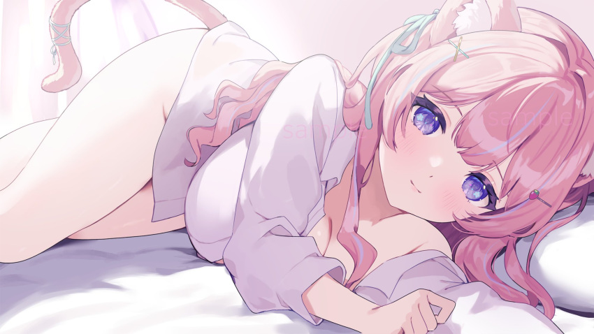 1girl animal_ear_fluff animal_ears blush breasts cat_ears cat_girl cat_tail cleavage commission hell_fuuna highres indie_virtual_youtuber itigori_ena multicolored_hair pink_hair purple_eyes shirt skeb_commission smile solo streaked_hair tail virtual_youtuber white_shirt
