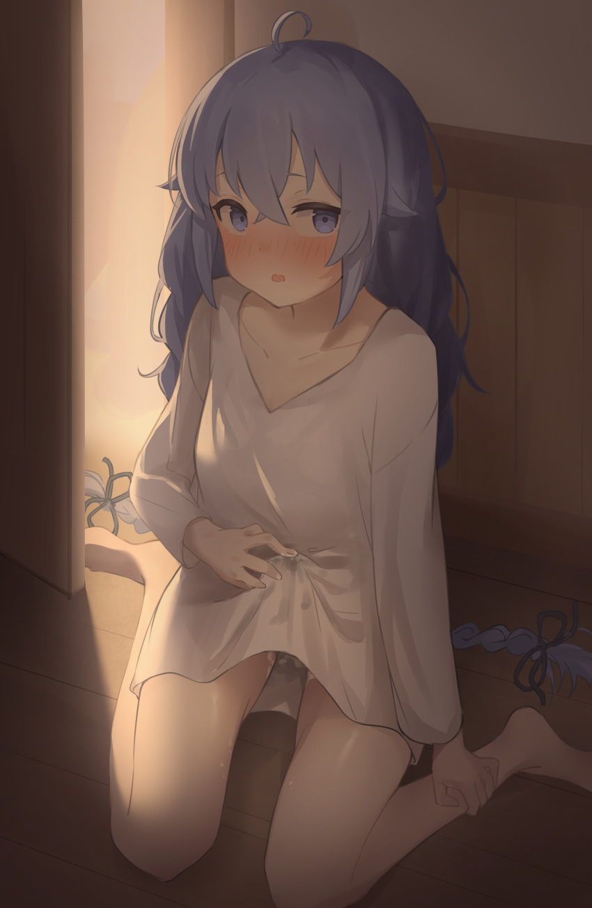 1girl absurdres ahoge barefoot blue_eyes blue_hair blush braid bulge caught collarbone commentary erection erection_under_clothes futanari futanari_masturbation hair_between_eyes hand_on_own_leg highres indoors long_hair looking_at_viewer masturbation mushoku_tensei nemu_mayo no_pants on_floor open_door open_mouth precum roxy_migurdia shirt sitting solo twin_braids very_long_hair wariza white_shirt wooden_floor