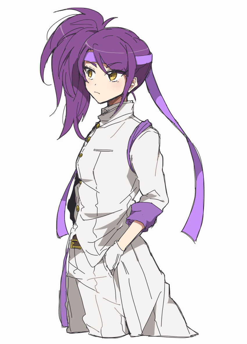 1girl closed_mouth coat commentary_request cowboy_shot cropped_legs frown gloves hand_in_pocket headband highres long_hair looking_to_the_side nojima_minami pants pretty_(series) pripara purple_hair purple_headband side_ponytail simple_background sleeves_rolled_up solo standing toudou_shion white_background white_coat white_gloves white_pants yellow_eyes