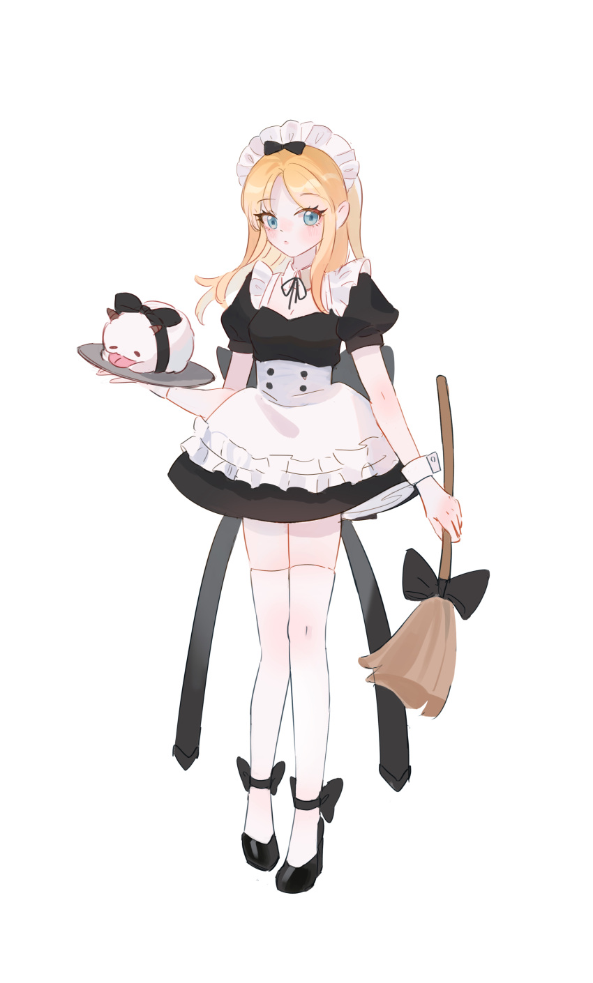 1girl absurdres alternate_costume apron black_bow black_dress black_footwear bow breasts broom dress enmaided footwear_bow full_body hair_bow highres holding holding_broom holding_tray kui_ji_jiang league_of_legends long_hair lux_(league_of_legends) maid maid_headdress medium_breasts neck_ribbon pointy_ears poro_(league_of_legends) puffy_short_sleeves puffy_sleeves ribbon short_sleeves simple_background thighhighs tray waist_apron white_apron white_background white_thighhighs wrist_cuffs zettai_ryouiki