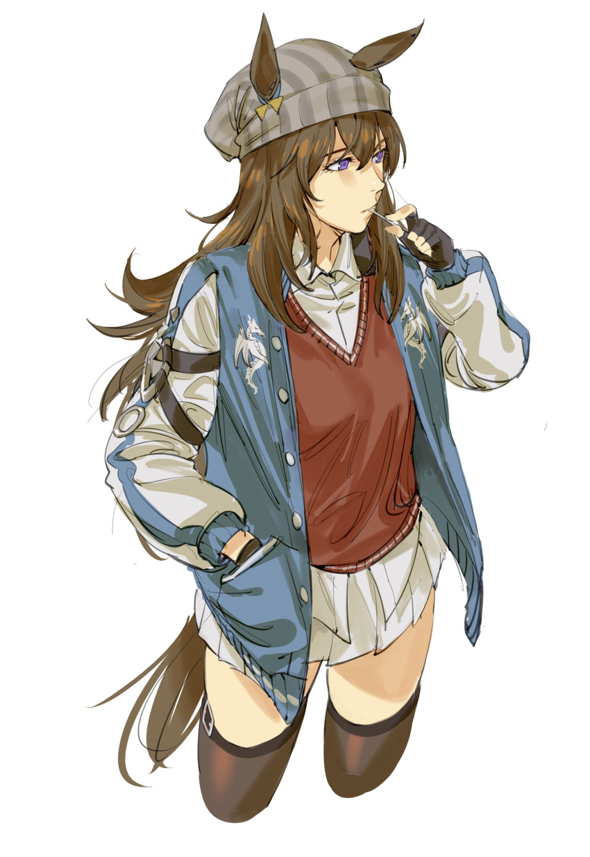 1girl absurdres animal_ears beanie black_gloves blue_jacket brown_hair brown_thighhighs chinese_commentary commentary_request cowboy_shot dragon_print ears_through_headwear facing_away fingerless_gloves gloves grey_headwear hair_between_eyes hand_in_pocket hat highres holding horse_ears horse_girl horse_tail jacket letterman_jacket long_hair long_sleeves messy_hair miniskirt nakayama_festa_(umamusume) open_clothes open_jacket pleated_skirt purple_eyes red_sweater ruukii_drift simple_background skirt solo sukajan sweater tail thighhighs umamusume white_background white_skirt