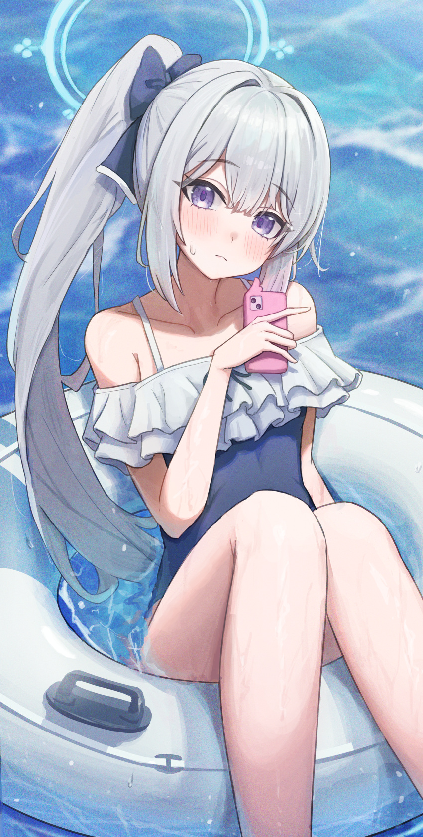 1girl absurdres blue_archive blue_background blue_bow blue_one-piece_swimsuit blush bow cellphone closed_mouth frilled_one-piece_swimsuit frills hair_bow halo highres holding holding_phone icetea774 innertube long_hair looking_at_viewer miyako_(blue_archive) miyako_(swimsuit)_(blue_archive) ocean one-piece_swimsuit phone ponytail purple_eyes smartphone solo sweat swimsuit water white_hair