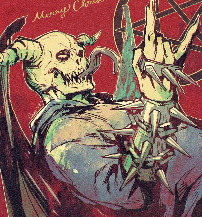 black_eyes black_wings blue_hoodie bracelet chidaruma commentary dorohedoro highres hood hoodie jewelry long_tongue looking_at_viewer merry_christmas panco pentagram red_background signature skeleton skull spiked_bracelet spiked_knuckles spikes tongue upper_body wings