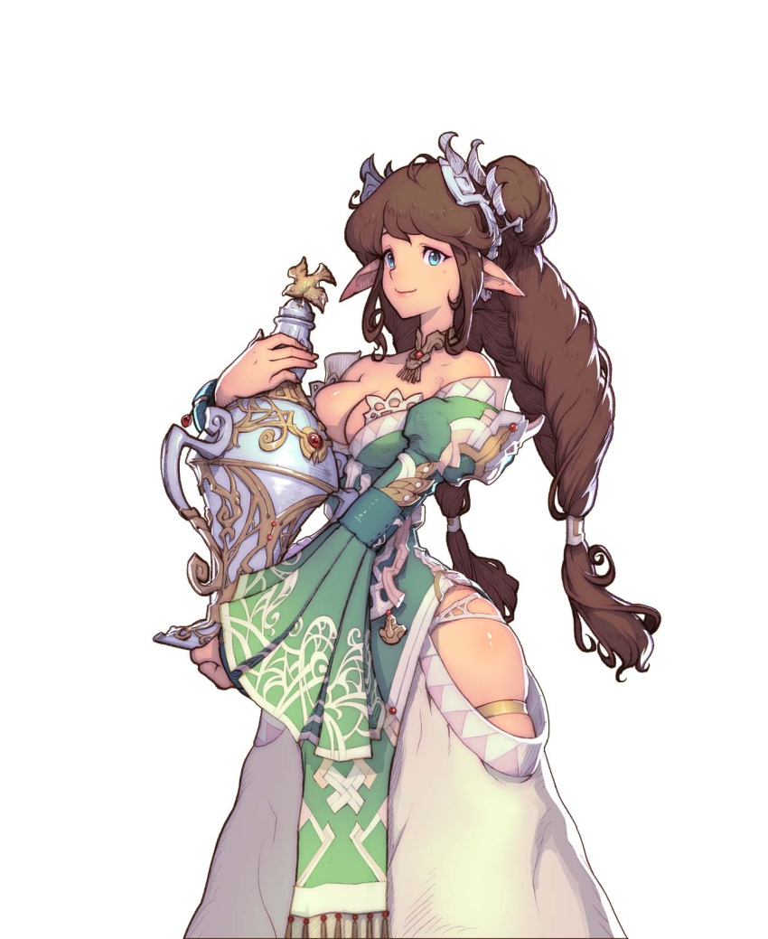 1girl aqua_eyes artist_request bare_shoulders braid breasts brown_hair character_request cleavage closed_mouth dress finger_knights green_dress highres holding_vase jewelry long_hair looking_at_viewer multicolored_clothes multicolored_dress necklace non-web_source pointy_ears simple_background skindentation smile solo source_request standing tiara twin_braids twintails urn vase white_background