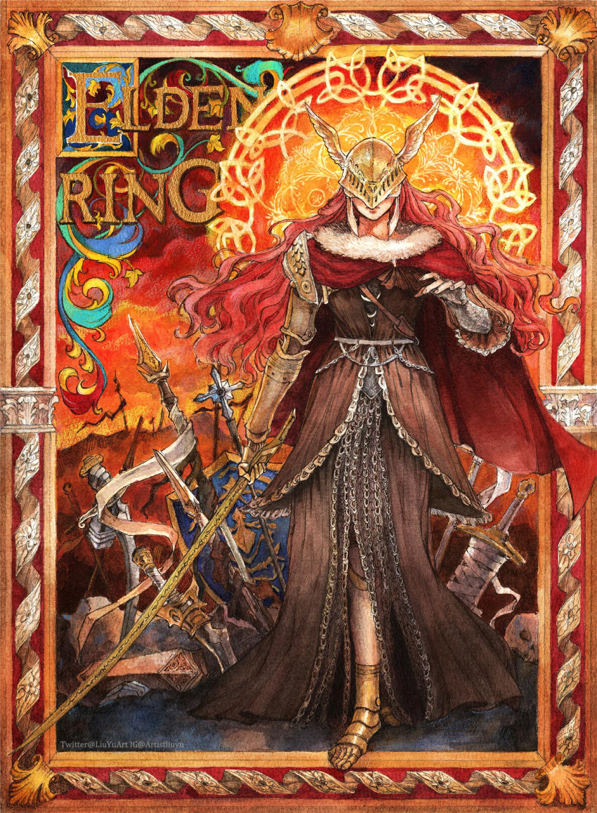 1girl battlefield brown_dress brown_skirt cape dress elden_ring field_of_blades fur_collar gold_armor golden_sword hand_up helmet highres holding holding_sword holding_weapon katana liuyuart long_hair long_sword malenia_blade_of_miquella multiple_scars ornate_border painting_(medium) prosthesis prosthetic_arm prosthetic_leg red_cape red_clouds red_hair red_sky scar scar_on_arm scar_on_hand skirt sky sunset sword traditional_media valkyrie warrior watercolor_(medium) weapon winged_helmet