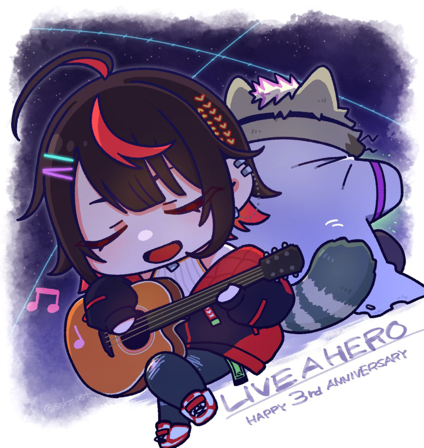 anthro black_hair brown_body brown_fur chibi clothing coat duo female fur guitar hair hi_res human lab_coat lifewonders live_a_hero male mammal musical_instrument plucked_string_instrument sensettia sitting sskmpst string_instrument supervillain topwear viscunam