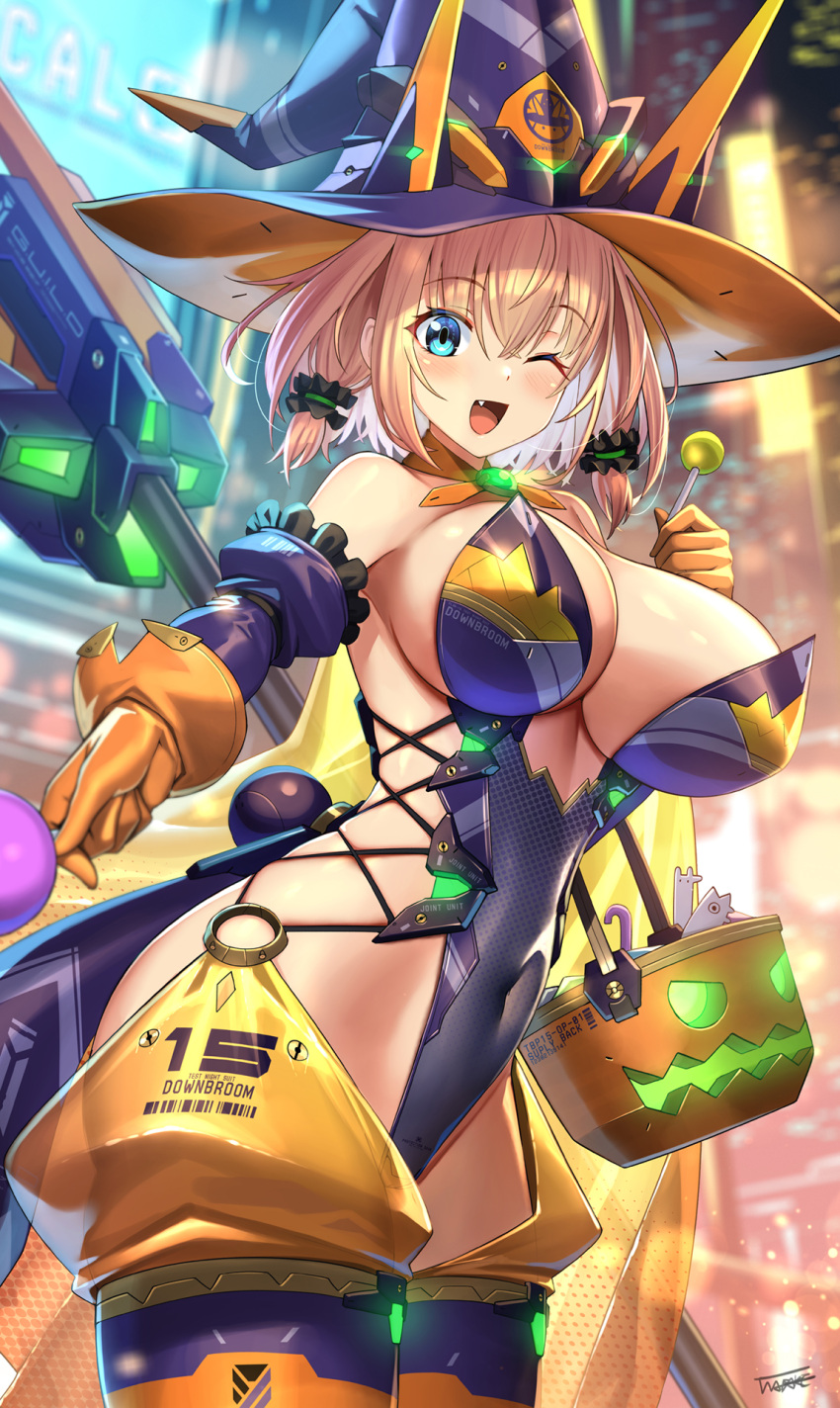 1girl aqua_eyes bare_shoulders blonde_hair breasts candy cleavage detached_sleeves fang fangs food gloves halloween halloween_costume hat highres huge_breasts leotard lollipop looking_at_viewer mecha mecha_musume one_eye_closed open_mouth original robot science_fiction sharp_teeth short_hair solo sophia_f_shirring takamine_nadare teeth thighhighs witch witch_hat
