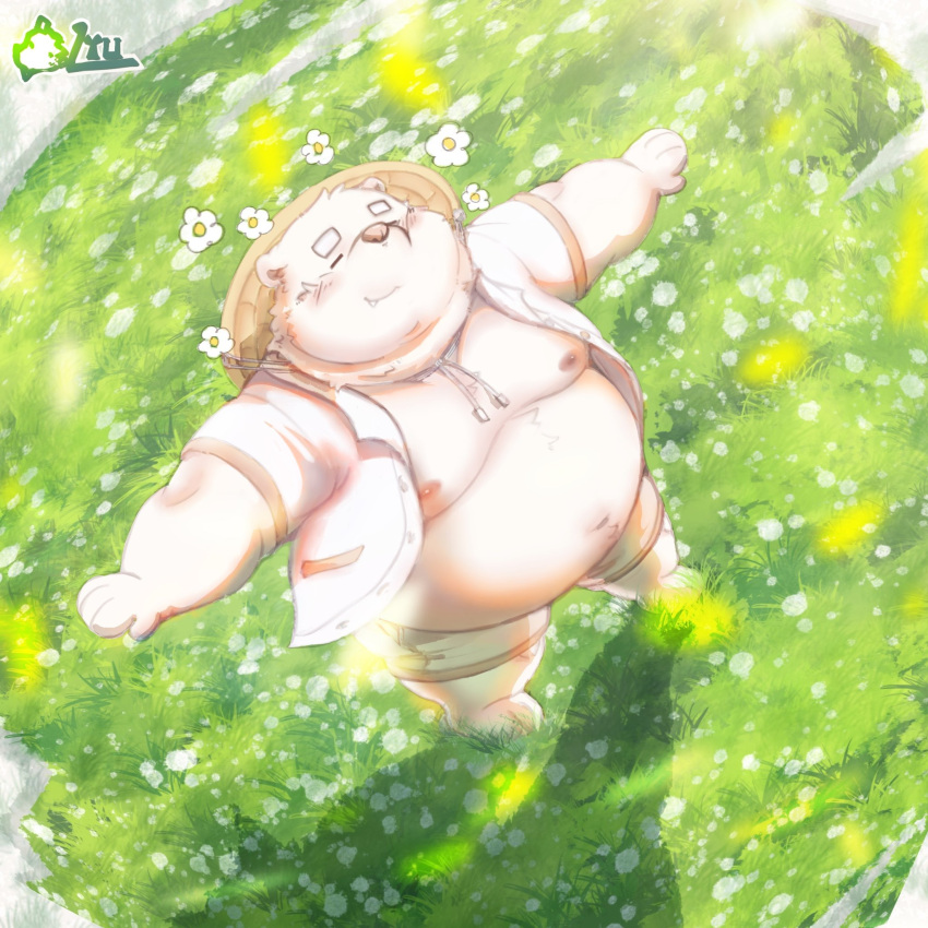 2023 anthro bear belly big_belly bottomwear clothed clothing detailed_background eyes_closed flower hat headgear headwear hi_res kemono male mammal open_clothing open_shirt open_topwear outside overweight overweight_male plant shirt shorts solo topwear yuyuitudou