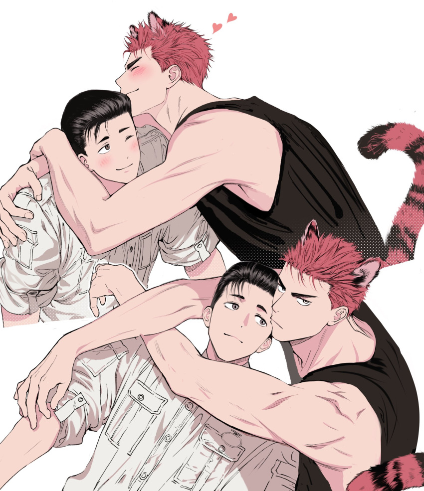 2boys animal_ears bishounen black_eyes black_hair black_tank_top blush closed_eyes closed_mouth couple heart highres hug kemonomimi_mode llll_100 long_sleeves looking_at_another looking_at_viewer male_focus mito_youhei multiple_boys multiple_views one_eye_closed pompadour red_hair sakuragi_hanamichi shirt short_hair slam_dunk_(series) sleeves_rolled_up smile tail tank_top tiger_boy tiger_ears tiger_tail toned toned_male white_background white_shirt yaoi