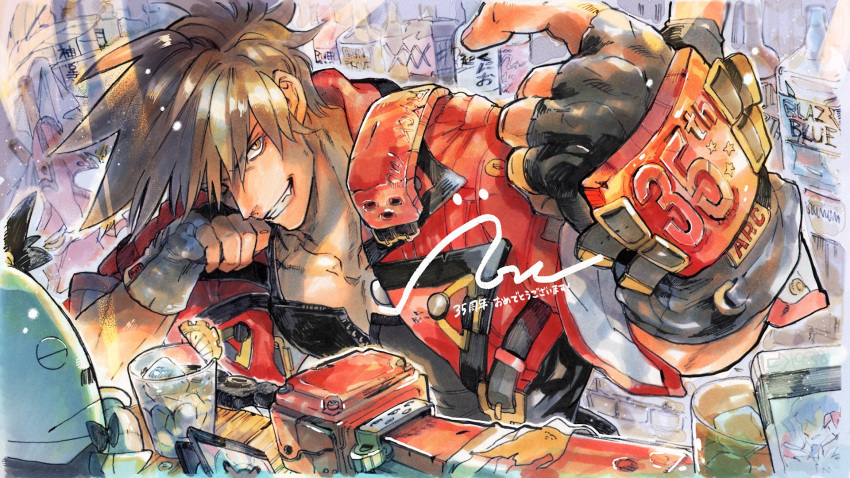1_ssmk 1boy anniversary arc_system_works brown_eyes brown_hair cellphone collarbone copyright_name cup drinking_glass fingerless_gloves fireseal gloves grin guilty_gear guilty_gear_strive hair_between_eyes headband highres holding holding_phone ice ice_cube jacket looking_at_viewer male_focus phone red_jacket smile sol_badguy solo solo_focus sword weapon
