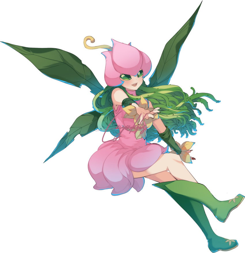 1girl absurdres blush boots digimon digimon_(creature) fairy flower green_eyes green_footwear highres lilimon looking_at_viewer loyaldis monster_girl open_mouth petals plant plant_girl signature simple_background solo white_background