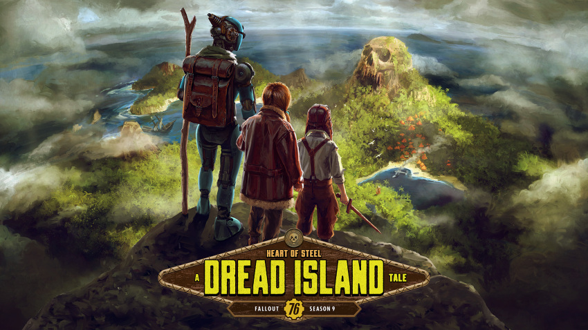 1boy 1girl 1other brown_pants cloud company_name copyright_name english_text facing_away fallout_(series) fallout_76 highres holding holding_stick holding_sword holding_weapon jacket logo official_art orange_hair outdoors pants red_jacket robot rock shipwreck shirt skull stick sword tree water weapon white_shirt wooden_sword