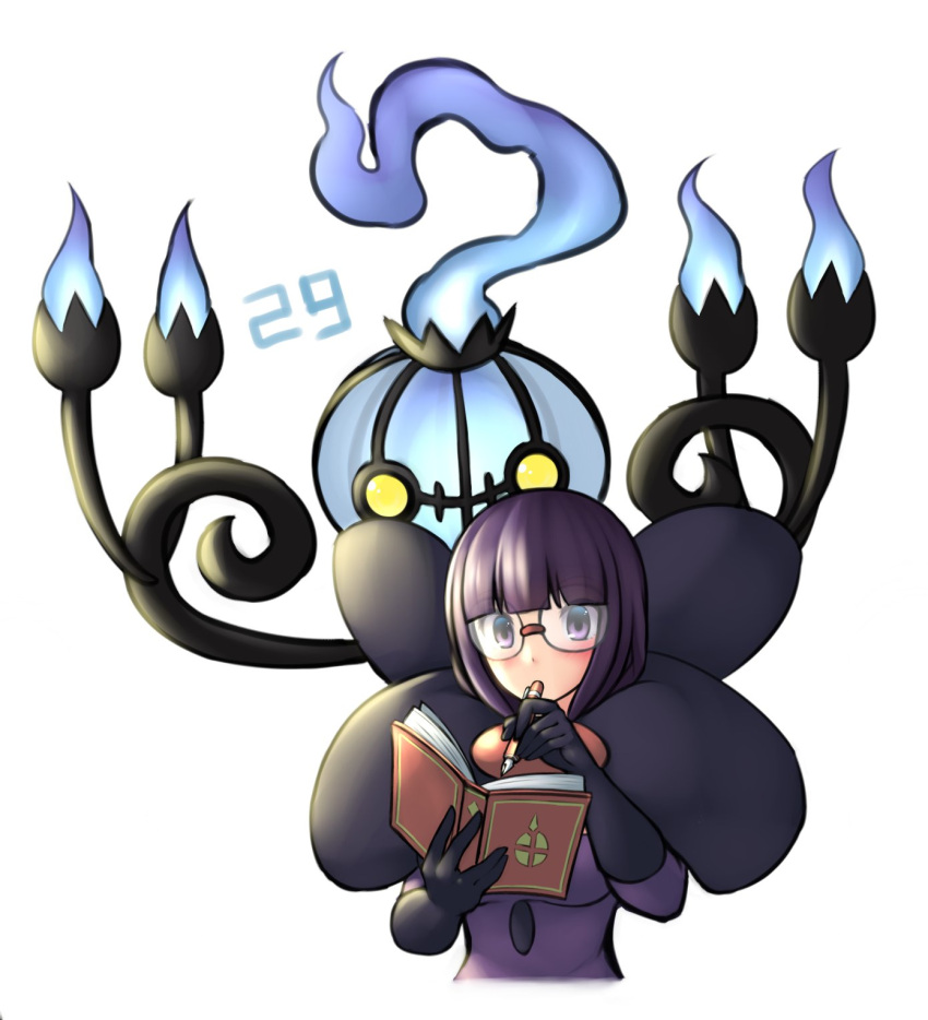 blunt_bangs bob_cut book chandelure dress glasses gloves highres holding holding_book holding_pen open_book pen pinguinkotak pokemon pokemon_(creature) pokemon_(game) pokemon_bw purple_dress purple_eyes purple_hair shauntal_(pokemon) short_hair upper_body white_background