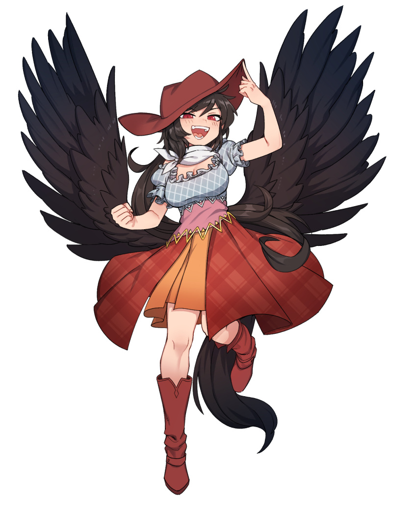 1girl bandana black_hair black_wings blue_shirt blush boots breasts brown_footwear brown_headwear brown_skirt cleavage clenched_hand cowboy_hat feathered_wings frilled_sleeves frills full_body hat highres horse_tail kurokoma_saki large_breasts long_hair nyong_nyong open_mouth pegasus_wings red_eyes shirt short_sleeves simple_background skirt smile solo tail touhou white_background white_bandana wings