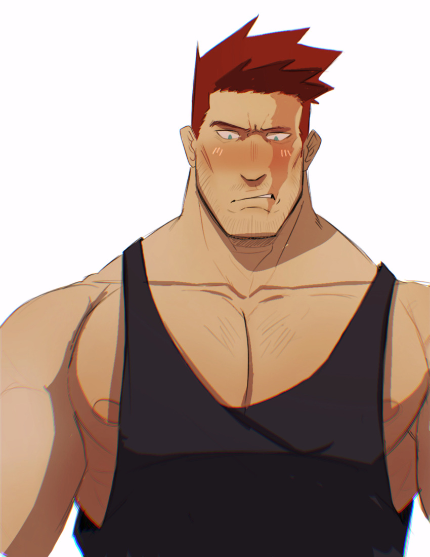 1boy absurdres bara beard beard_stubble black_tank_top blush boku_no_hero_academia endeavor_(boku_no_hero_academia) facial_hair highres large_pectorals looking_down male_focus mature_male muscular muscular_male nipples pectoral_cleavage pectorals scar scar_across_eye short_hair shy sideburns sidepec solo spiked_hair stormcallart stubble tank_top thick_eyebrows upper_body v-shaped_eyes