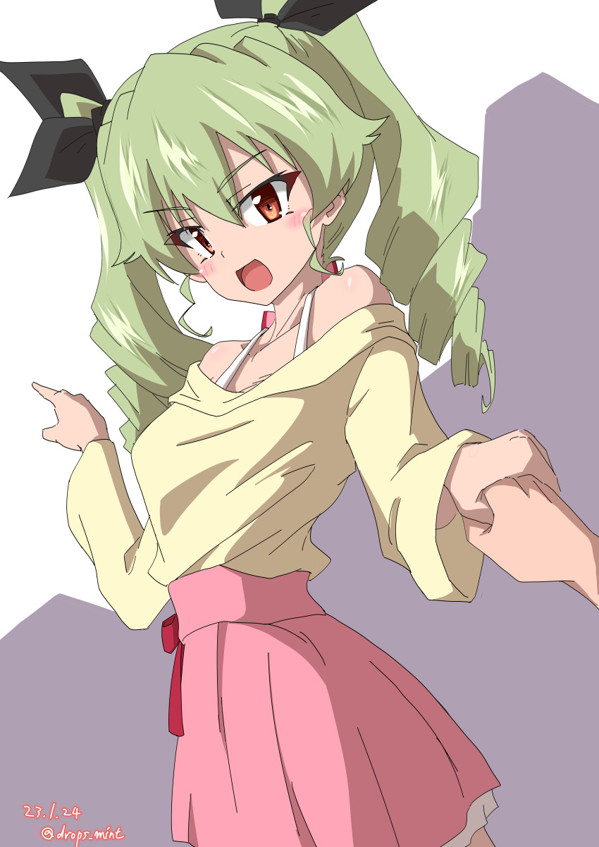 1girl absurdres anchovy_(girls_und_panzer) black_ribbon casual commentary dated drill_hair drops_mint from_side girls_und_panzer green_hair hair_ribbon highres holding_hands long_hair long_sleeves looking_at_viewer miniskirt off-shoulder_shirt off_shoulder open_mouth out_of_frame pink_skirt pleated_skirt pointing pov red_eyes ribbon shirt shirt_straps skirt smile standing twin_drills twintails twitter_username yellow_shirt