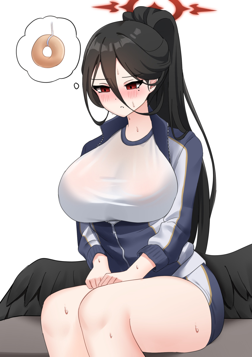 1girl absurdres black_hair black_wings blue_archive blush breasts commentary english_commentary feathered_wings gym_shirt gym_shorts gym_uniform hair_between_eyes halo hasumi_(blue_archive) hasumi_(gym_uniform)_(blue_archive) highres huge_breasts hungry jacket keicyanyan long_hair long_sleeves looking_away looking_down mole mole_under_eye official_alternate_costume parted_lips red_eyes shirt shorts sidelocks simple_background sitting solo spoken_food sweat sweating_profusely thick_thighs thighs thought_bubble track_jacket white_background white_shirt wings