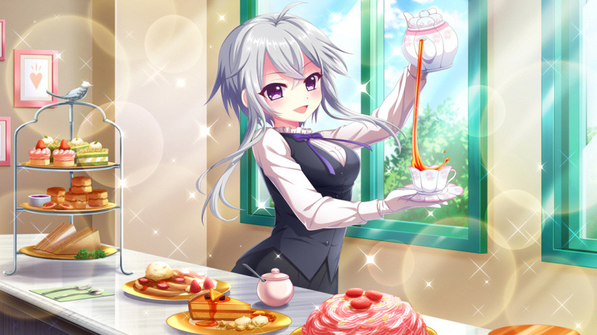 1girl ahoge black_suit blue_sky breasts buttons collar counter cup day dessert dot_nose film_grain food food_request fork formal frilled_collar frills fruit game_cg garnish gloves grey_hair heart holding holding_saucer holding_teapot ichijou_ruka indoors izumi_tsubasu lens_flare long_sleeves medium_breasts napkin neck_ribbon non-web_source official_art open_mouth pancake pastry picture_frame pie plate pouring purple_eyes purple_ribbon re:stage! ribbon sandwich saucer short_hair_with_long_locks sky smile solo sparkle spoon strawberry suit tea teacup teapot white_gloves white_sleeves window