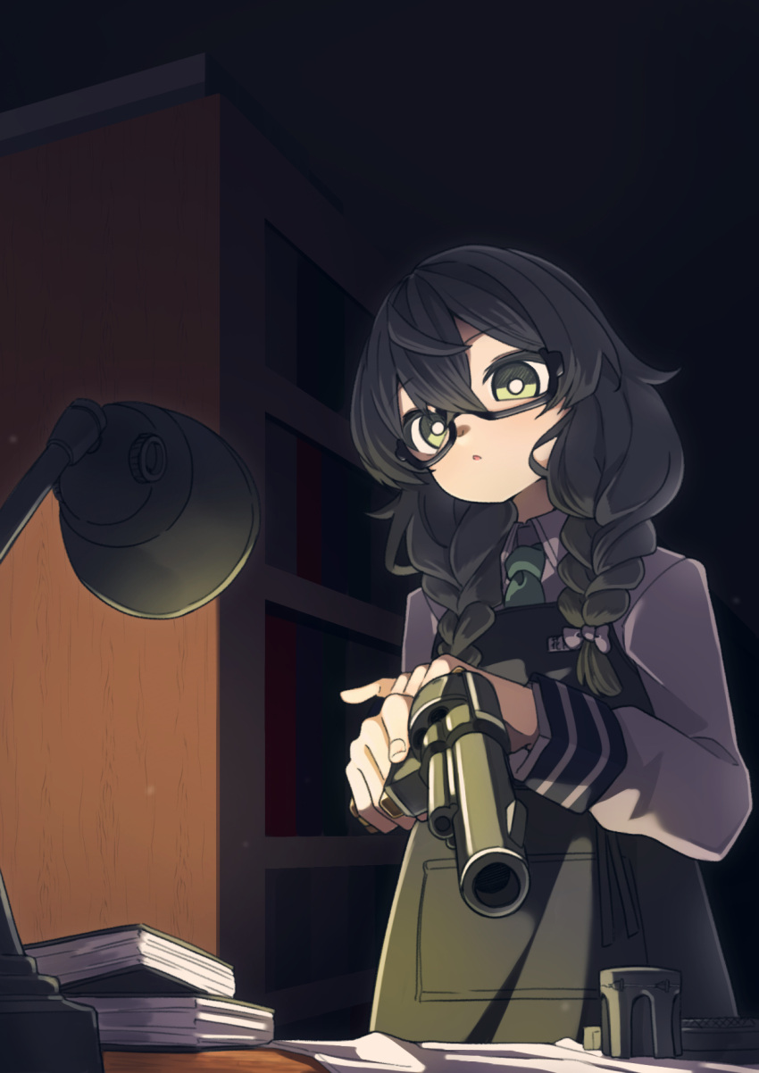 1girl :o apron black_hair book bookshelf braid bright_pupils cevio collared_shirt commentary_request dark_room desk desk_lamp glasses green_apron green_eyes green_necktie gun hanakuma_chifuyu highres holding holding_gun holding_weapon index_finger_raised indoors lamp long_sleeves looking_at_viewer looking_down low_twin_braids maintenance necktie open_mouth parted_lips revolver semi-rimless_eyewear shigure1213 shirt solo standing synthesizer_v twin_braids upper_body weapon white_pupils white_shirt
