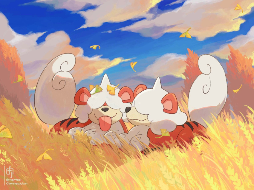 artist_name autumn blue_sky chikafuji closed_mouth cloud cloudy_sky commentary_request day falling_leaves fangs field ginkgo_leaf grass hair_over_eyes highres hisuian_growlithe leaf no_humans pokemon pokemon_(creature) sky smile tongue tongue_out tree twitter_username watermark