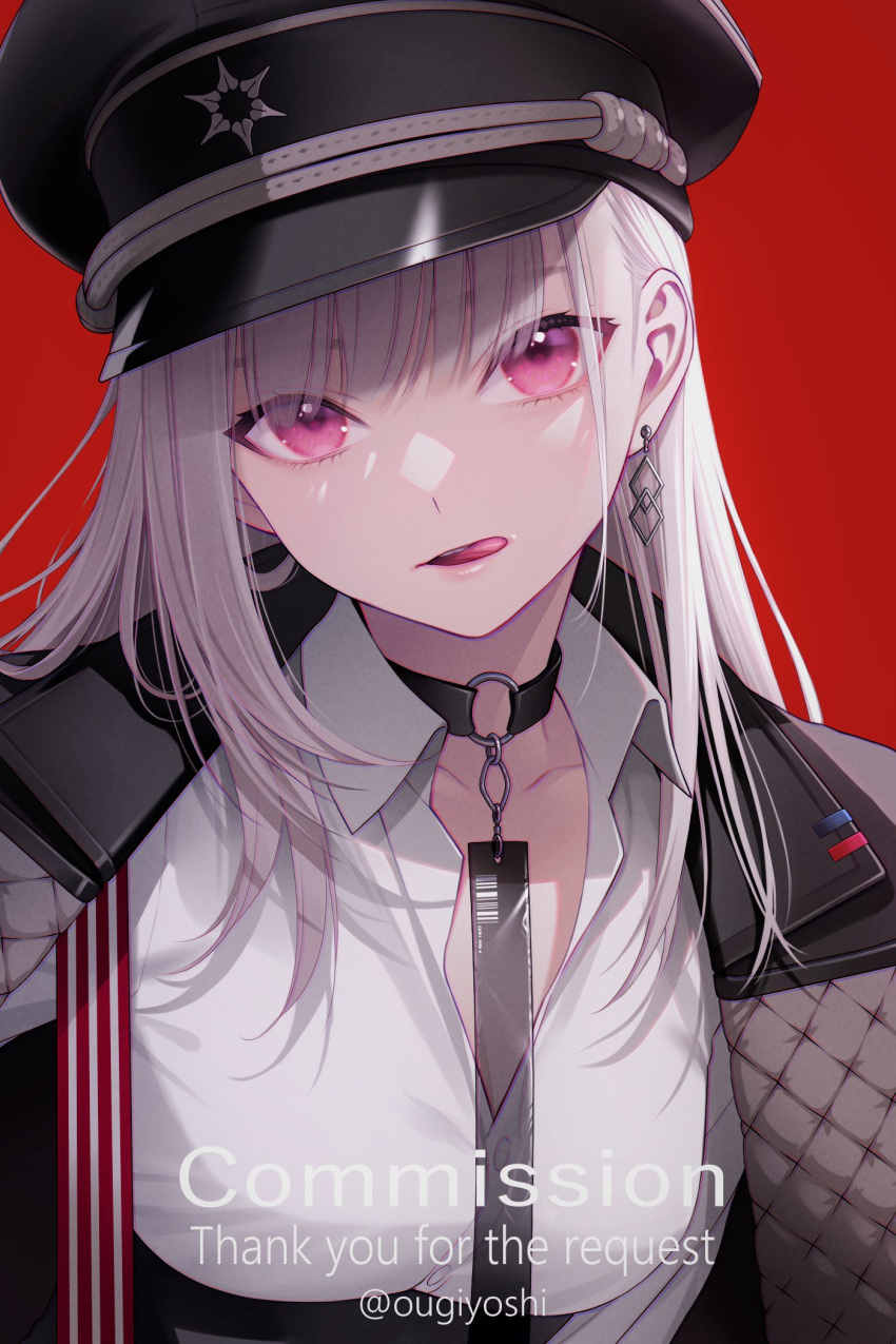 1girl bangs black_collar black_headwear chimachi coat coat_on_shoulders collar collared_shirt commission dress_shirt earrings english_text hat highres jewelry licking_lips long_hair looking_at_viewer military_hat o-ring_collar open_mouth original pink_eyes red_background shirt simple_background single_earring skeb_commission solo teeth tongue tongue_out twitter_username upper_body upper_teeth_only watermark white_hair white_shirt