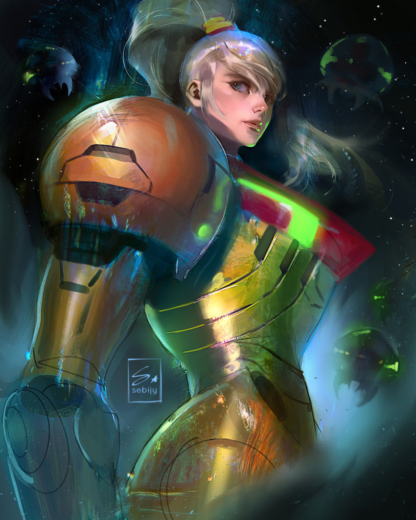 1girl alien arm_cannon armor blonde_hair blue_eyes clip_studio_paint_(medium) english_commentary floating highres lips looking_at_viewer mecha metroid metroid_(classic) metroid_(creature) ponytail portrait power_armor robot samus_aran science_fiction sebijy1 signature sketch starry_background super_metroid weapon