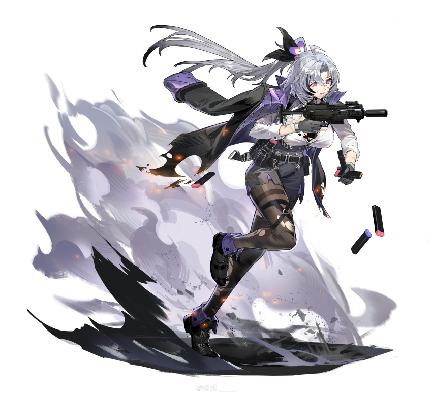 1girl absurdres ahoge ankle_boots apc9k_(girls'_frontline) b&amp;t_apc belt belt_pouch black_belt black_bra black_footwear black_hair black_pantyhose black_ribbon boots bra breasts burnt_clothes cleavage colored_tips flower flower_request full_body girls'_frontline gloves grey_hair gun hair_between_eyes hair_flower hair_ornament hair_ribbon highres holding holding_gun holding_weapon id_card jacket jacket_on_shoulders kyo_(krokikyon) lace-trimmed_bra lace_trim large_breasts long_hair long_sleeves lower_teeth_only magazine_(weapon) mole mole_under_mouth multicolored_hair official_art pantyhose parted_lips pouch purple_eyes purple_flower reloading ribbon ringed_eyes running shirt simple_background smoke solo standing standing_on_one_leg streaked_hair suppressor teeth thigh_strap thighband_pantyhose torn_clothes torn_jacket torn_pantyhose torn_shirt trigger_discipline underwear very_long_hair weapon weibo_logo weibo_username white_background white_shirt