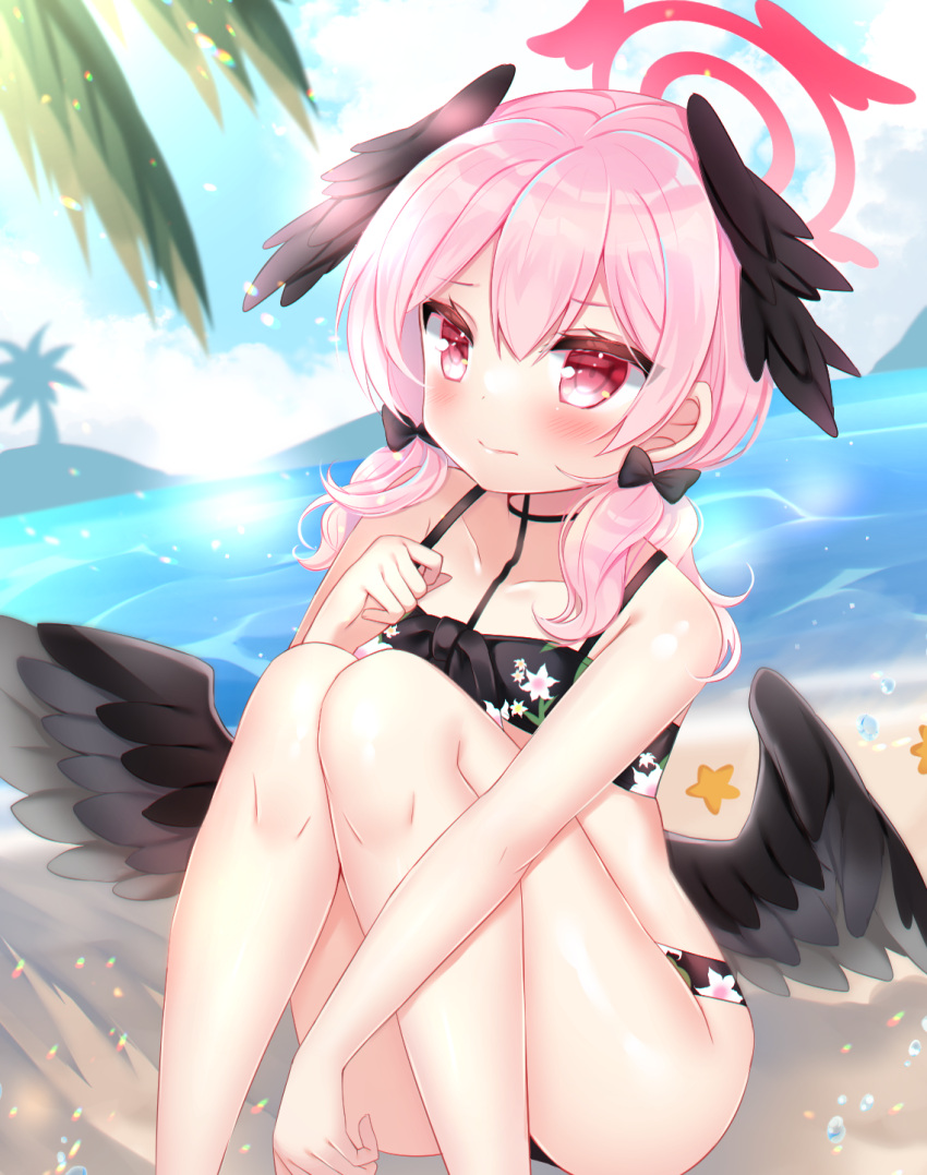 1girl bare_arms bare_shoulders bikini black_bikini black_bow black_wings blue_archive blue_sky blush bow breasts closed_mouth cloud cloudy_sky collarbone commentary_request day feathered_wings feet_out_of_frame floral_print hair_between_eyes hair_bow hair_over_shoulder halo head_wings highres knees_up koharu_(blue_archive) koharu_(swimsuit)_(blue_archive) long_hair looking_at_viewer low_twintails low_wings outdoors palm_tree pink_hair print_bikini red_eyes shikito sitting sky small_breasts solo swimsuit tree twintails water wings