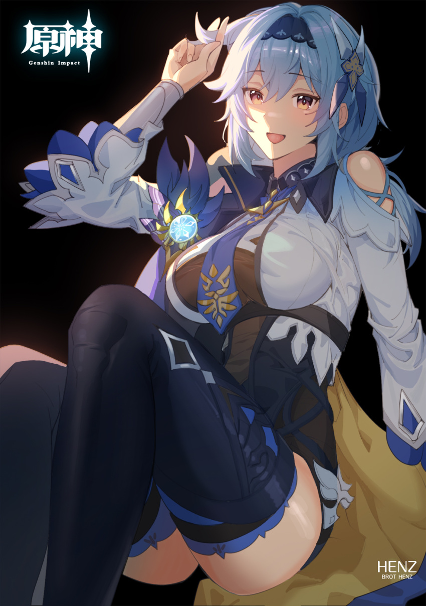 1girl artist_name black_background black_hairband blue_hair blue_necktie boots breasts cape chest_harness clothing_cutout copyright_name cross-laced_clothes cross-laced_cutout eula_(genshin_impact) foot_out_of_frame genshin_impact hair_ornament hairband hand_up harness henz high-waist_shorts highres knees_up large_breasts long_sleeves looking_at_viewer medium_hair necktie no_gloves open_mouth orange_eyes playing_with_own_hair shorts shoulder_cutout sidelocks simple_background sitting solo thigh_boots vision_(genshin_impact) white_sleeves wide_sleeves