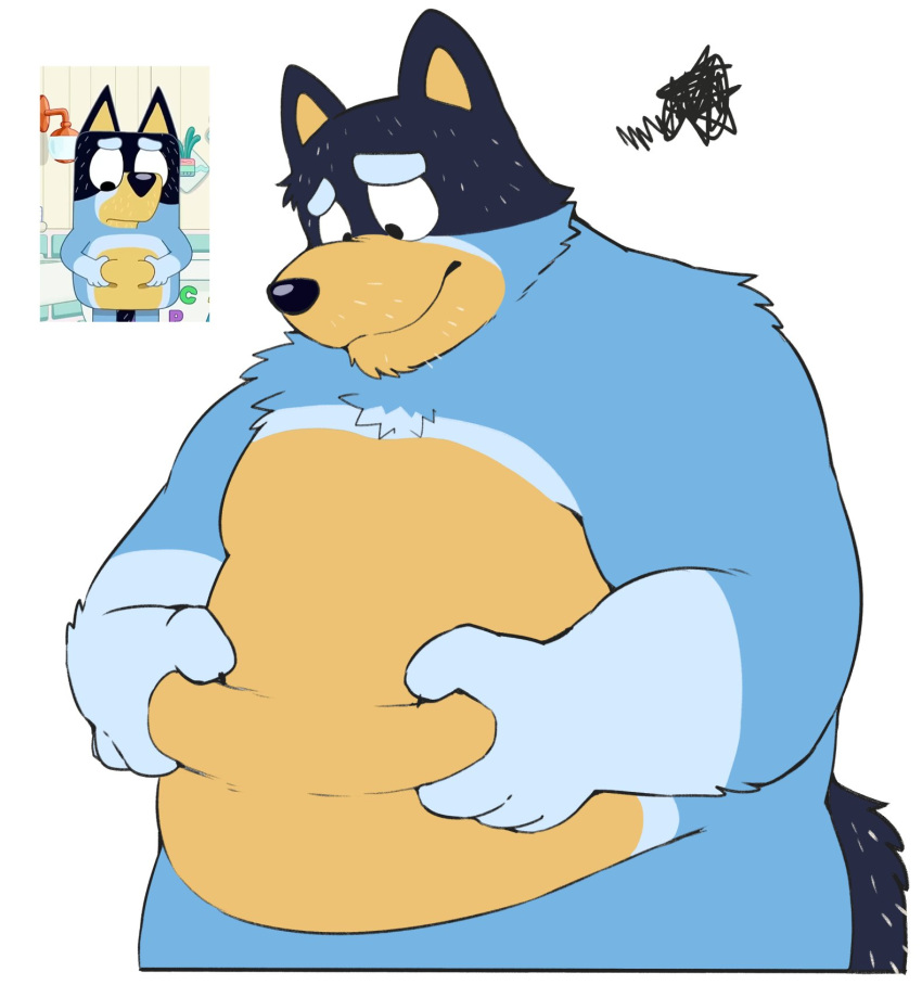 2023 anthro bandit_heeler belly big_belly black_nose blue_body bluey_(series) canid canine canis domestic_dog ginnosuke hi_res humanoid_hands kemono male mammal mature_male overweight overweight_male solo