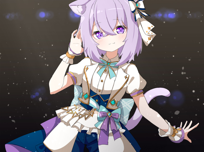 1girl :3 ame. animal_ear_fluff animal_ears blue_shorts blush bow cat_ears cat_girl cat_tail closed_mouth commentary_request cropped_jacket hair_between_eyes hair_bow hand_up highres hololive jacket looking_at_viewer nekomata_okayu open_clothes open_jacket puffy_short_sleeves puffy_sleeves purple_eyes purple_hair shirt short_sleeves shorts smile solo tail virtual_youtuber white_bow white_jacket white_shirt wrist_cuffs