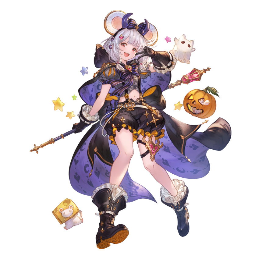 1girl animal_ears black_cape black_gloves black_shirt black_shorts blush boots cape fake_animal_ears fake_horns frilled_gloves frilled_shirt frilled_shorts frills gloves granblue_fantasy hair_ornament halloween holding holding_scepter horns jack-o'-lantern looking_at_viewer midriff minaba_hideo mouse mouse_ears navel open_mouth puffy_short_sleeves puffy_sleeves red_eyes scepter shirt short_sleeves shorts solo suspenders v vikala_(granblue_fantasy)